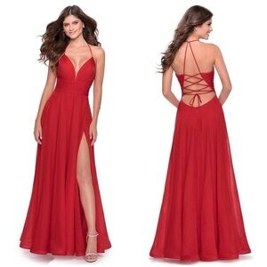 LA FEMME Halter Strappy A-Line Gown With Slit In Red
